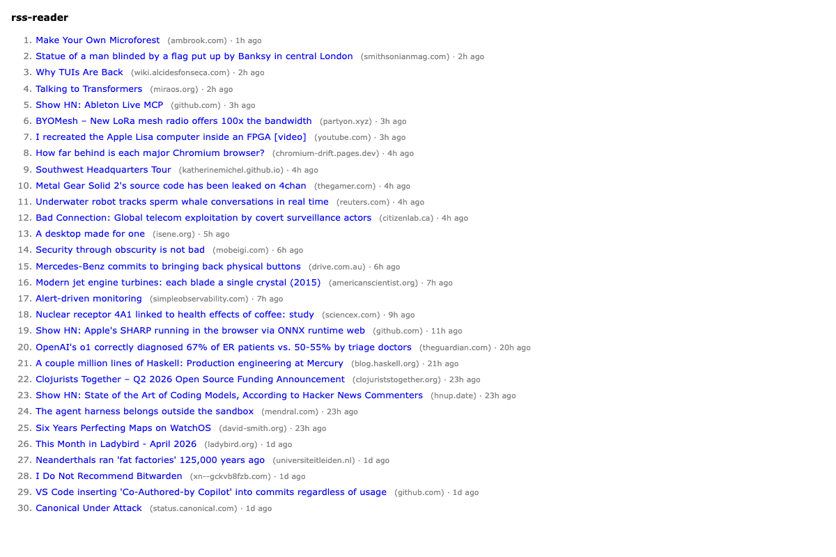 The rss-reader index after Part 4 — each title now shows the source domain in gray parens, e.g. "Make Your Own Microforest (ambrook.com)".